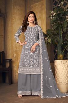 Grey embroidered net salwar kameez