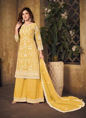 Yellow embroidered net salwar kameez 2