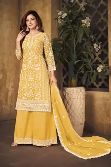 Yellow embroidered net salwar kameez