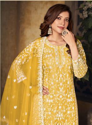 Yellow embroidered net salwar kameez 3
