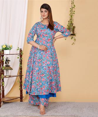PartyWear Designer Blue and Pink Pure cotton silk Plazzo Suit 1