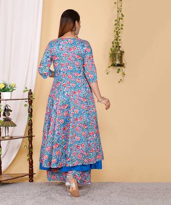 PartyWear Designer Blue and Pink Pure cotton silk Plazzo Suit 2
