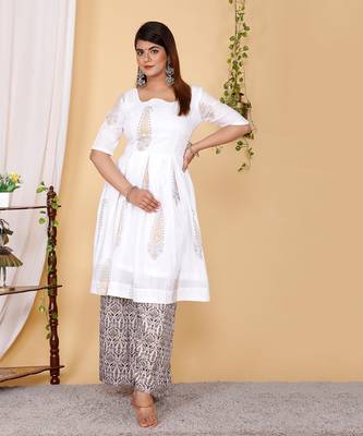 PartyWear Designer White Pure Cotton Plazzo Suit 1