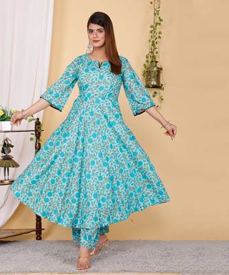 PartyWear Designer Sky Blue Pure Cotton Plazzo Suit 1