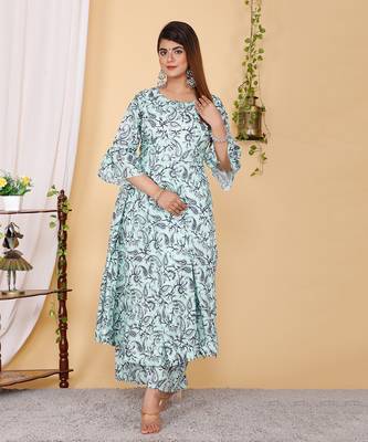 PartyWear Designer Mint Cream Pure Cotton Plazzo Suit 1