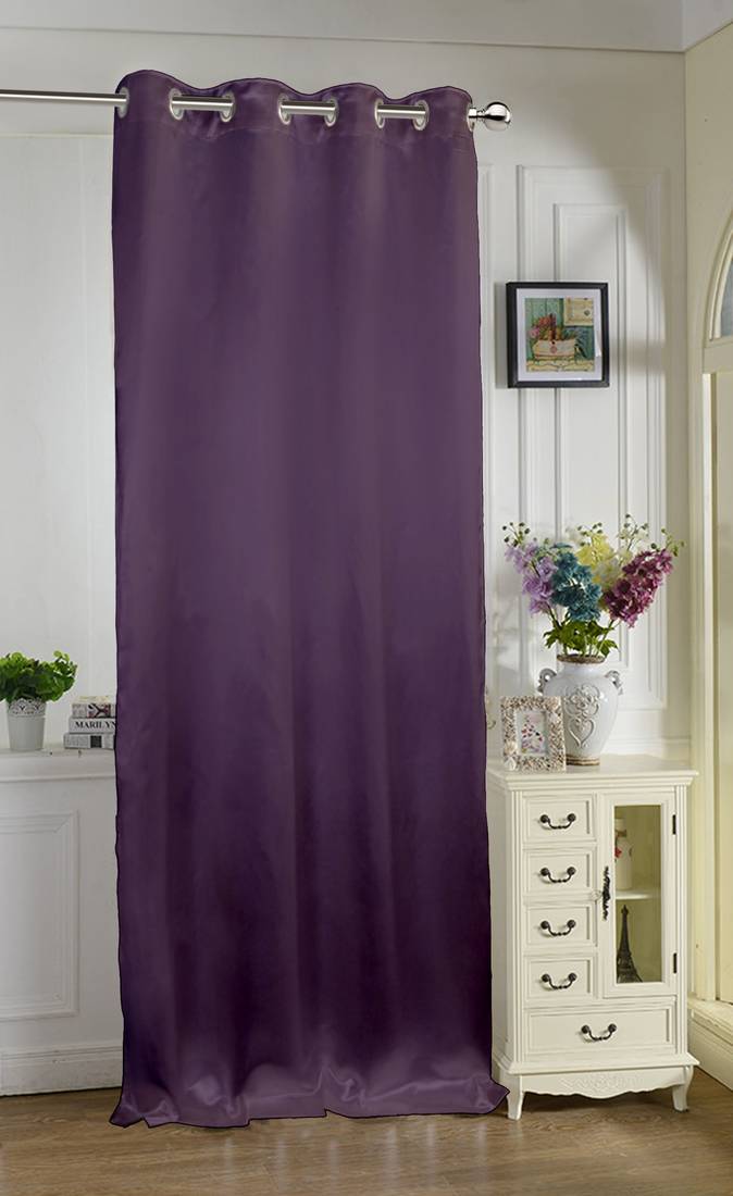 Lushomes Polyester Purple Satin Plain Long Door Curtain with 8 Metal Eyelets (54 x 108 inches, Single pc)