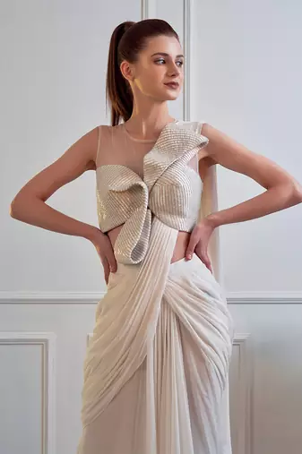 Ivory Drape Saree With Blouse