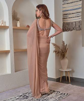 Beige Georgette Plain Pre Stitched Saree with Satin Blouse 6
