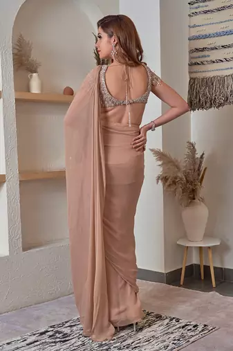 Beige Georgette Plain Pre Stitched Saree with Satin Blouse