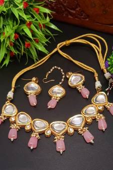 PinkHandmade Loop Fitting Beaded Designer Necklace for Women Wedding