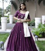 Women's wear wine color cotton semi-stitched lehenga with dupatta