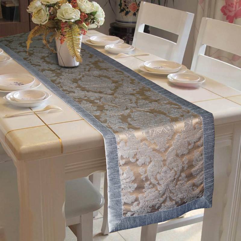 Lushomes Warm Silver Jacquard Polyester Runner with Polyester Border (16 x 72 inches, Single Pc)