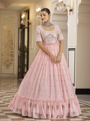 Pink Thread And Sequince Embroidered Work Georgette Anarkali Long Gown Semi Stitched 1