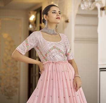Pink Thread And Sequince Embroidered Work Georgette Anarkali Long Gown Semi Stitched 3