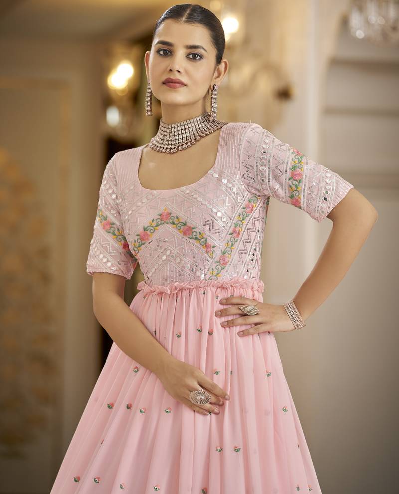 Pink Thread And Sequince Embroidered Work Georgette Anarkali Long Gown Semi Stitched