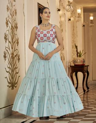Sky Blue Thread And Sequince Embroidered Work Georgette Anarkali Long Gown Semi Stitched 1