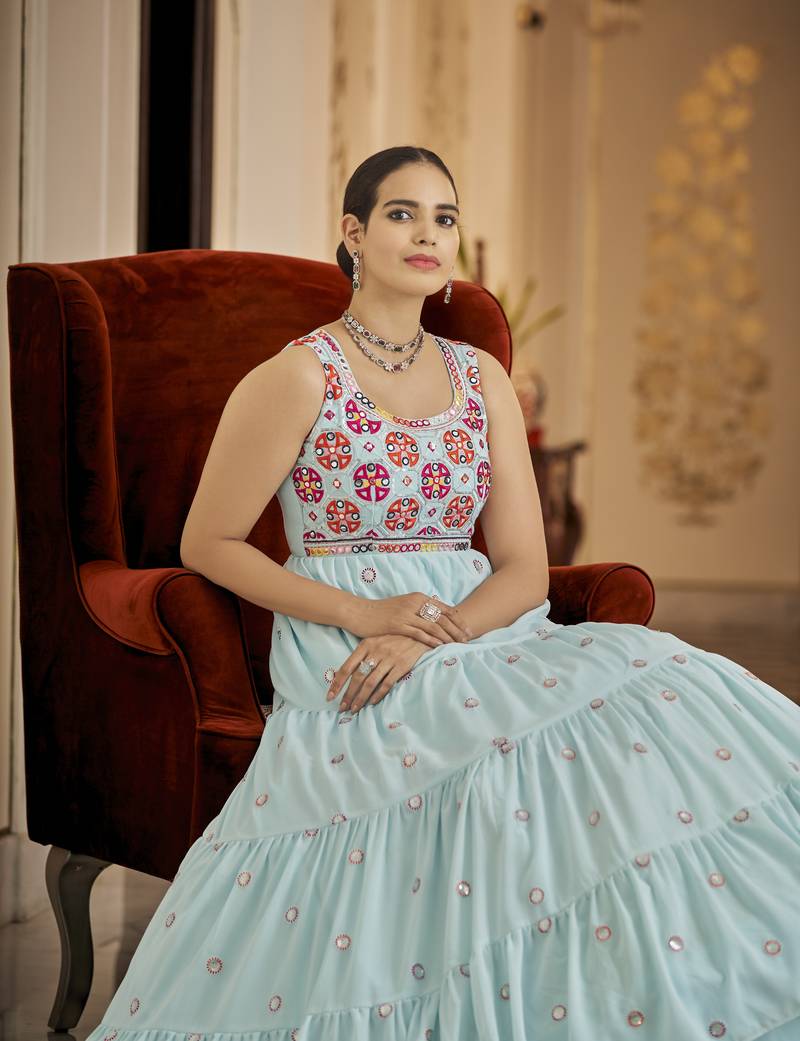 Sky Blue Thread And Sequince Embroidered Work Georgette Anarkali Long Gown Semi Stitched