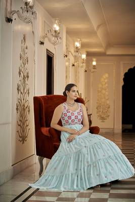 Sky Blue Thread And Sequince Embroidered Work Georgette Anarkali Long Gown Semi Stitched 3