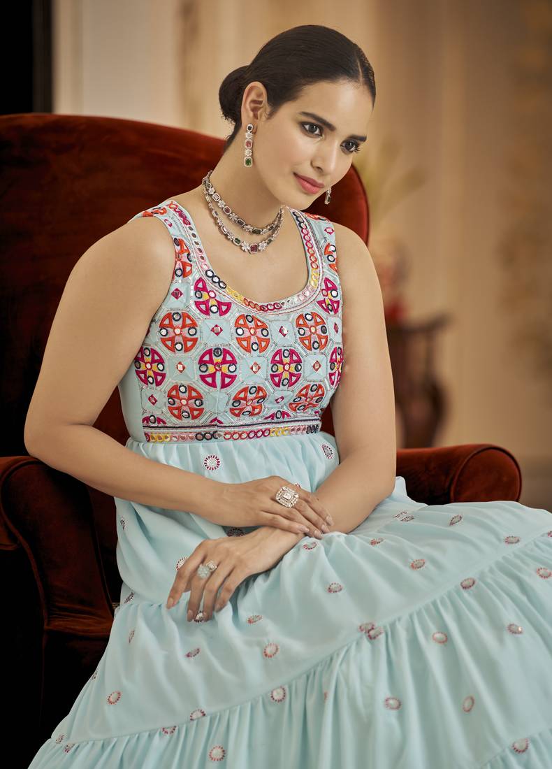 Sky Blue Thread And Sequince Embroidered Work Georgette Anarkali Long Gown Semi Stitched