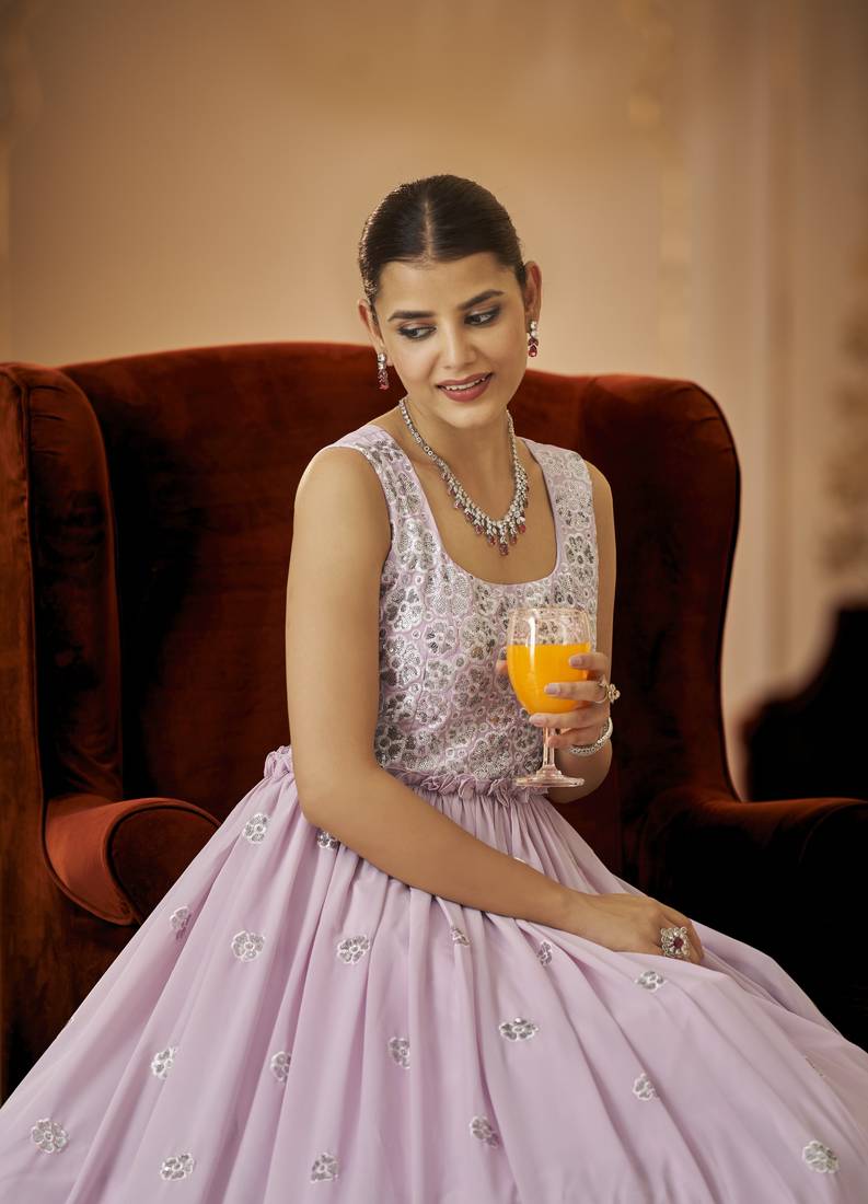 Light Pink Thread And Sequince Embroidered Work Georgette Anarkali Long Gown Semi Stitched