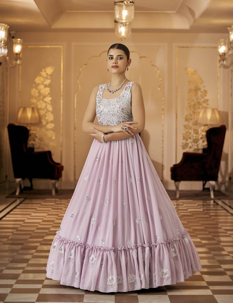 Light Pink Thread And Sequince Embroidered Work Georgette Anarkali Long Gown Semi Stitched