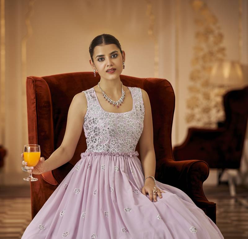 Light Pink Thread And Sequince Embroidered Work Georgette Anarkali Long Gown Semi Stitched