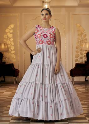 Grey Thread And Sequince Embroidered Work Georgette Anarkali Long Gown Semi Stitched 1