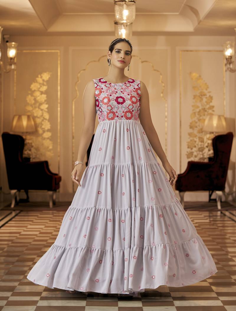 Grey Thread And Sequince Embroidered Work Georgette Anarkali Long Gown Semi Stitched