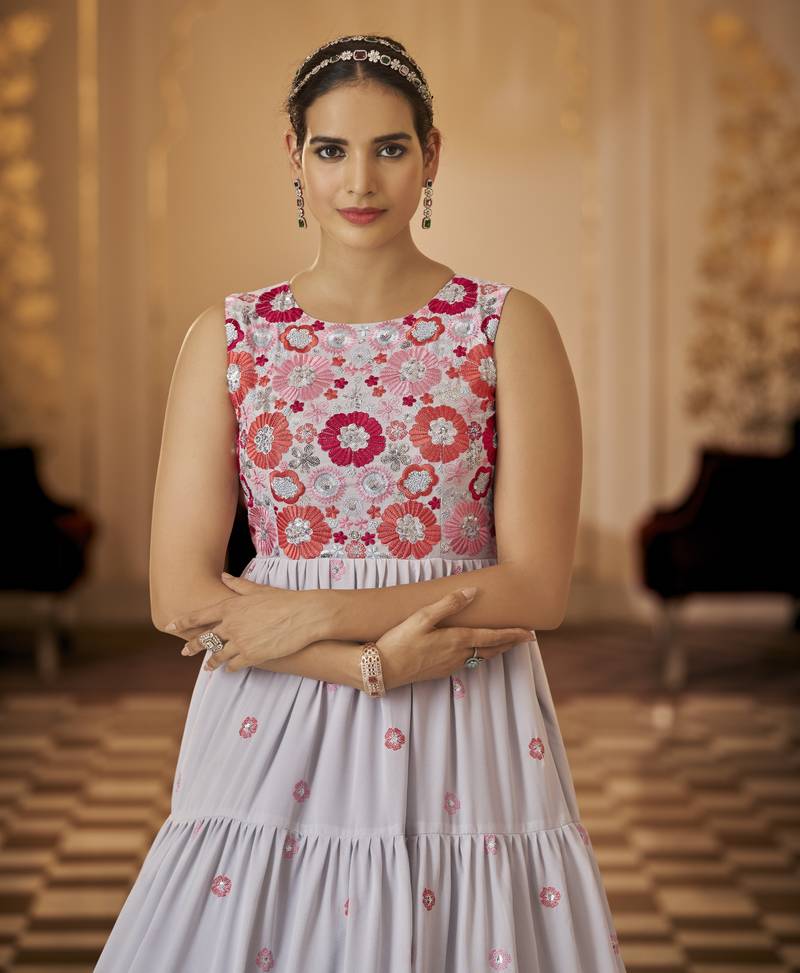 Grey Thread And Sequince Embroidered Work Georgette Anarkali Long Gown Semi Stitched