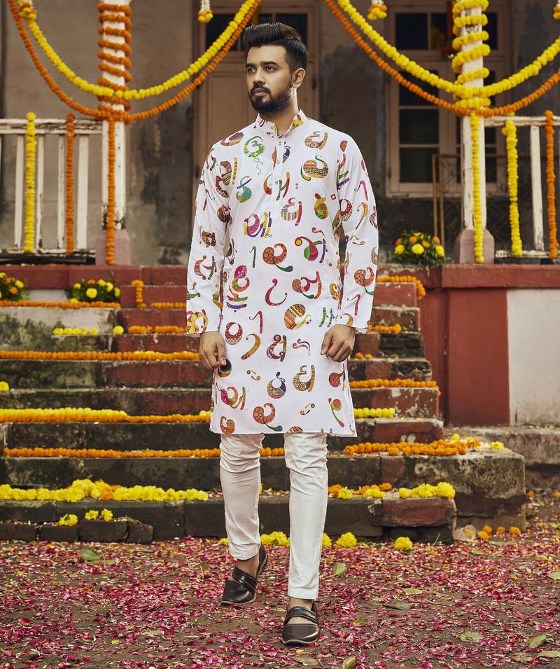 White Art Silk Printed Straight Kurta