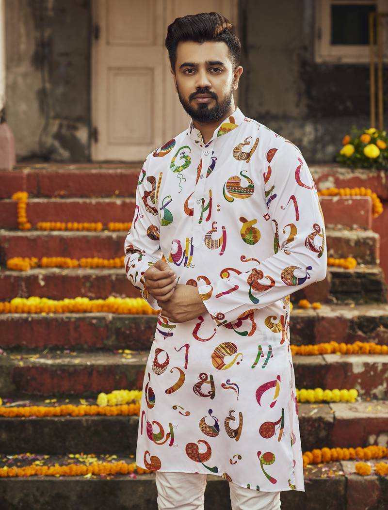 White Art Silk Printed Straight Kurta