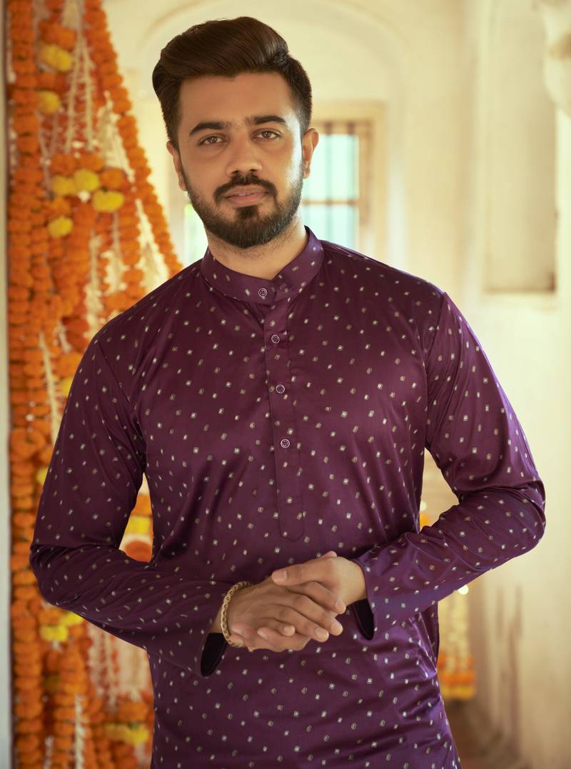 Purple Gajji Silk Printed Straight Kurta