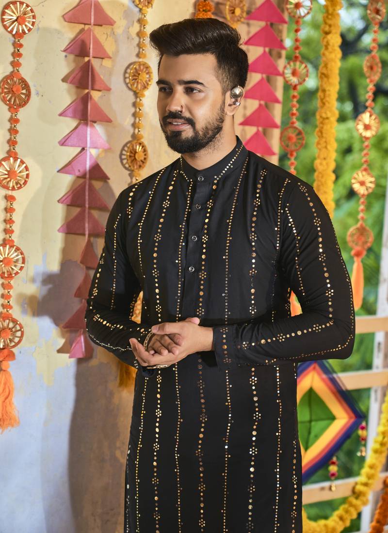 Black Art Silk Embellished Mirror Work Straight Kurta