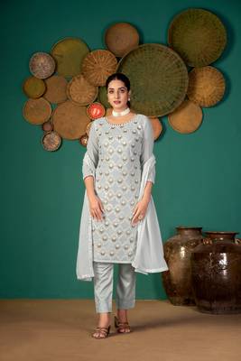 Light-grey multi resham work faux georgette salwar 2