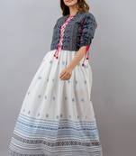 Women Aztec Anarkali White Kurta with Blue Jakcet