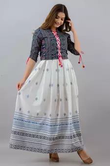 Women Aztec Anarkali White Kurta with Blue Jakcet
