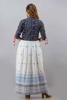 Women Aztec Anarkali White Kurta with Blue Jakcet