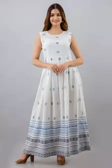 Women Aztec Anarkali White Kurta with Blue Jakcet