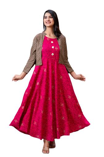 ftDiva Women Floral Anarkali Jacketed Kurta in Pink