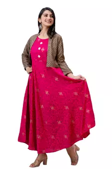 Women Floral Anarkali Jacketed Kurta in Pink