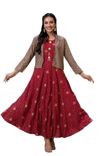 ftDiva Women Floral Anarkali Jacketed Kurta in Maroon