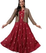 Women Floral Anarkali Jacketed Kurta in Maroon