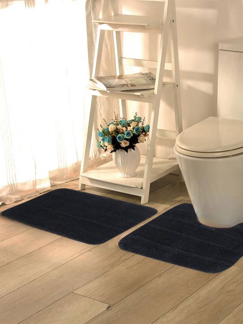  Anti Slip Microfiber Polyester Dark Grey Small Bath Mat Set (Bathmat 15 x 24 inches, Contour 15 x 16 inches, Pack of 2)