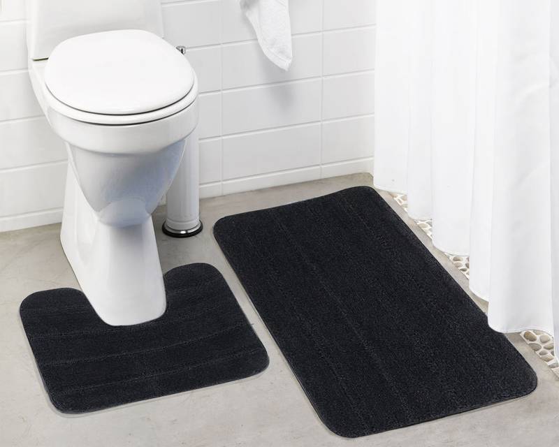  Anti Slip Microfiber Polyester Dark Grey Small Bath Mat Set (Bathmat 15 x 24 inches, Contour 15 x 16 inches, Pack of 2)