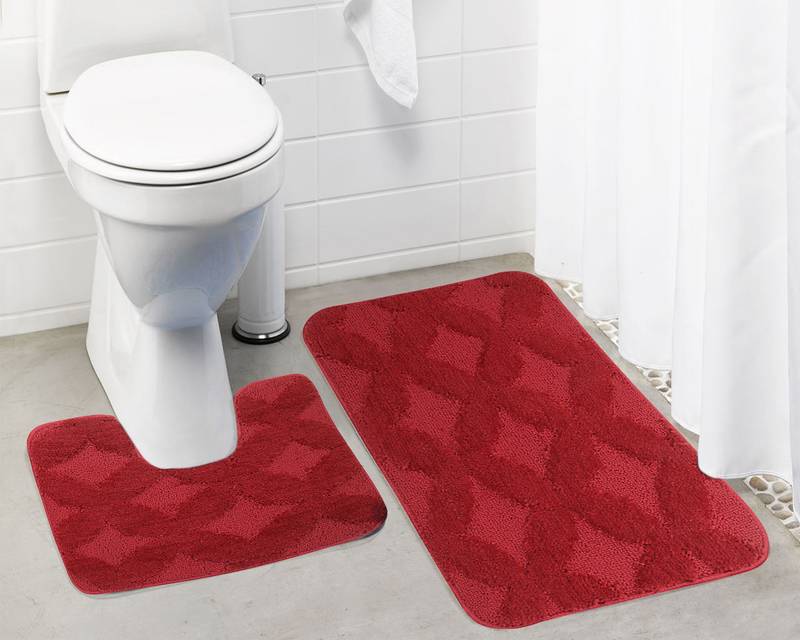  Ultra Soft Microfiber Polyester Red Regular Bath Mat Set (Bathmat 15 x 24 inches, Contour 15 x 16 inches, Pack of 2)