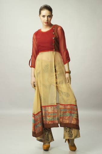 Beige and Red Chiffon top With Beige Printed Pant