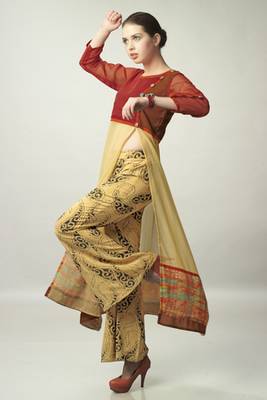 Beige and Red Chiffon top With Beige Printed Pant 2