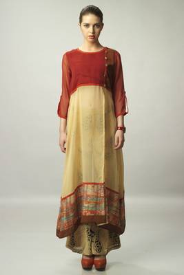 Beige and Red Chiffon top With Beige Printed Pant 3