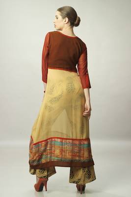 Beige and Red Chiffon top With Beige Printed Pant 4
