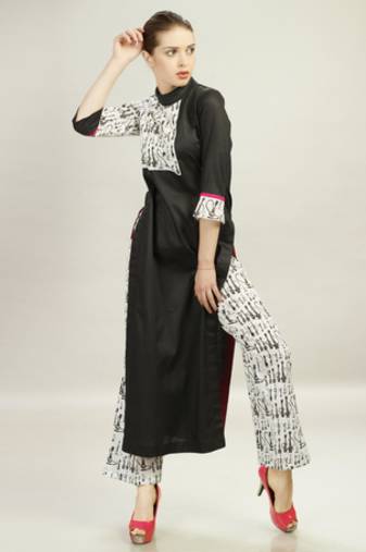 Black Cotton Satin top With White Block Printed Pant